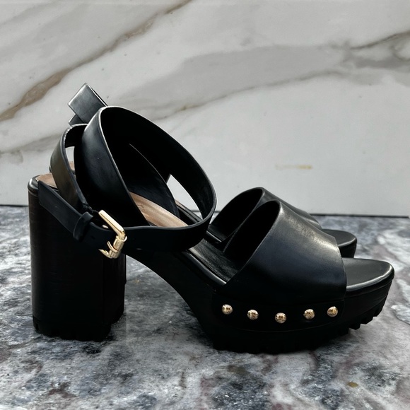 ZARA Anklestrap Wooden Clogs Black LEATHER SANDALS with Studs Size 38 - Picture 2 of 11